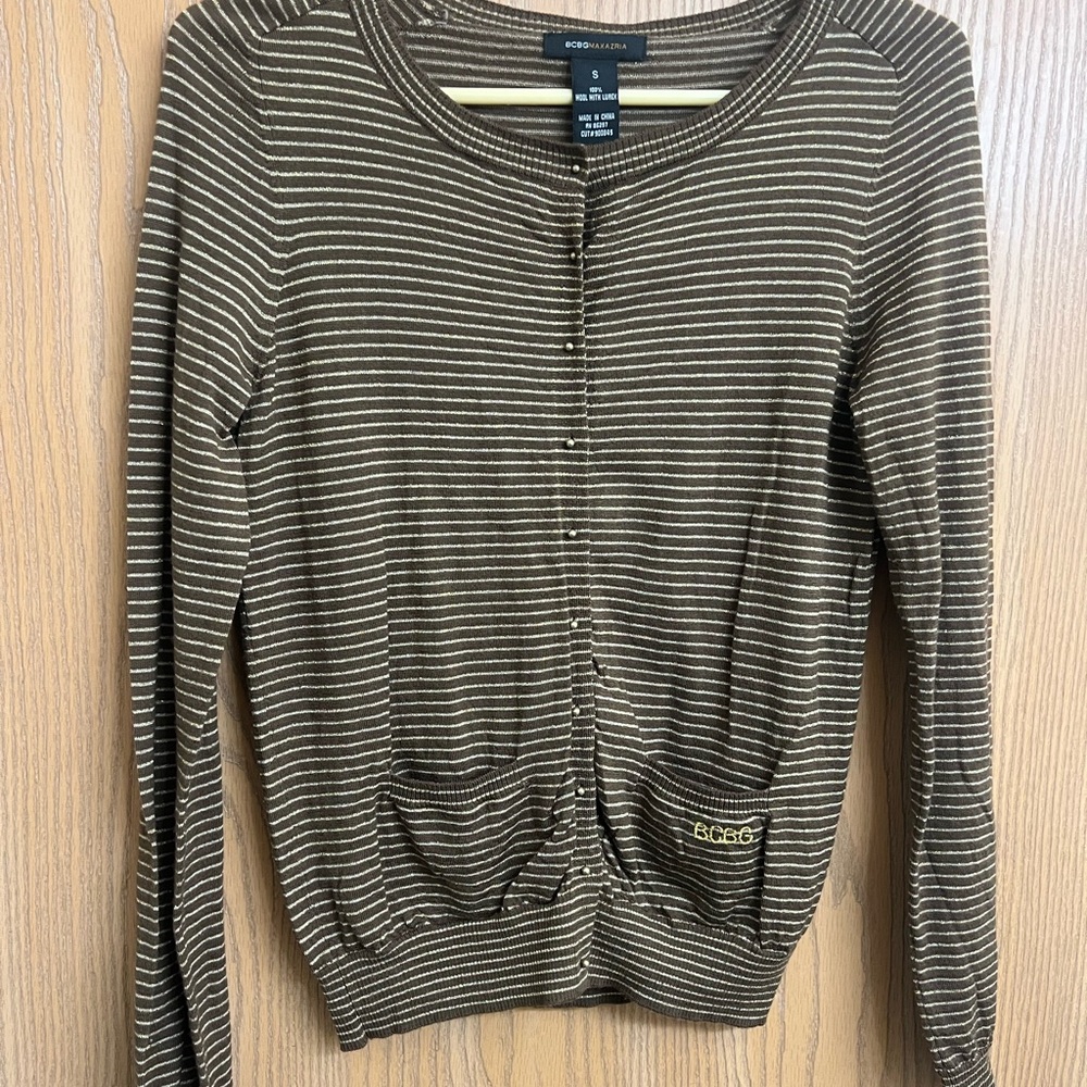 BCBG Brown and Gold Wool Striped Cardigan